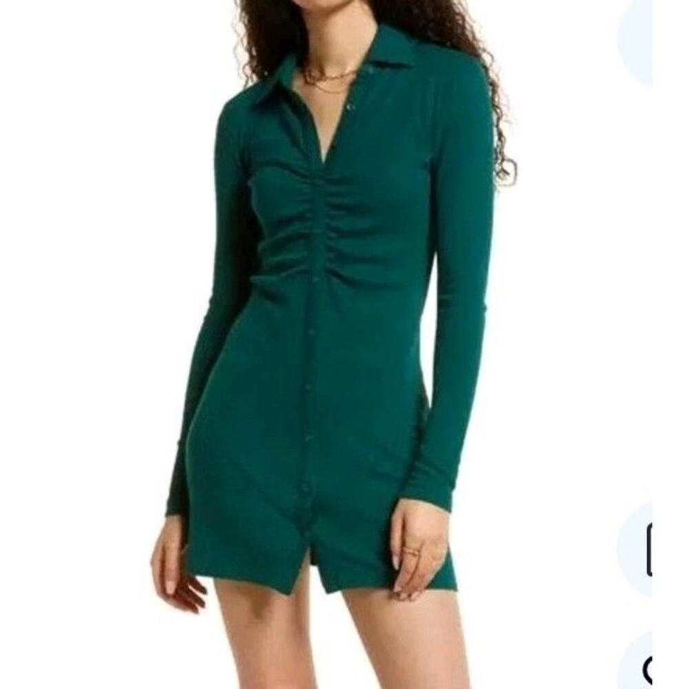 B.P. Botanical Green Lond Sleeve Ruched Mini Dress Size Xs Button